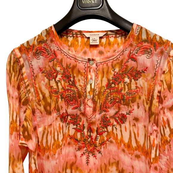 Sundance NWOT Size PL Pretty Orange & Brown Semi-Sheer Long Sleeve Blouse (0635) - Picture 4 of 14